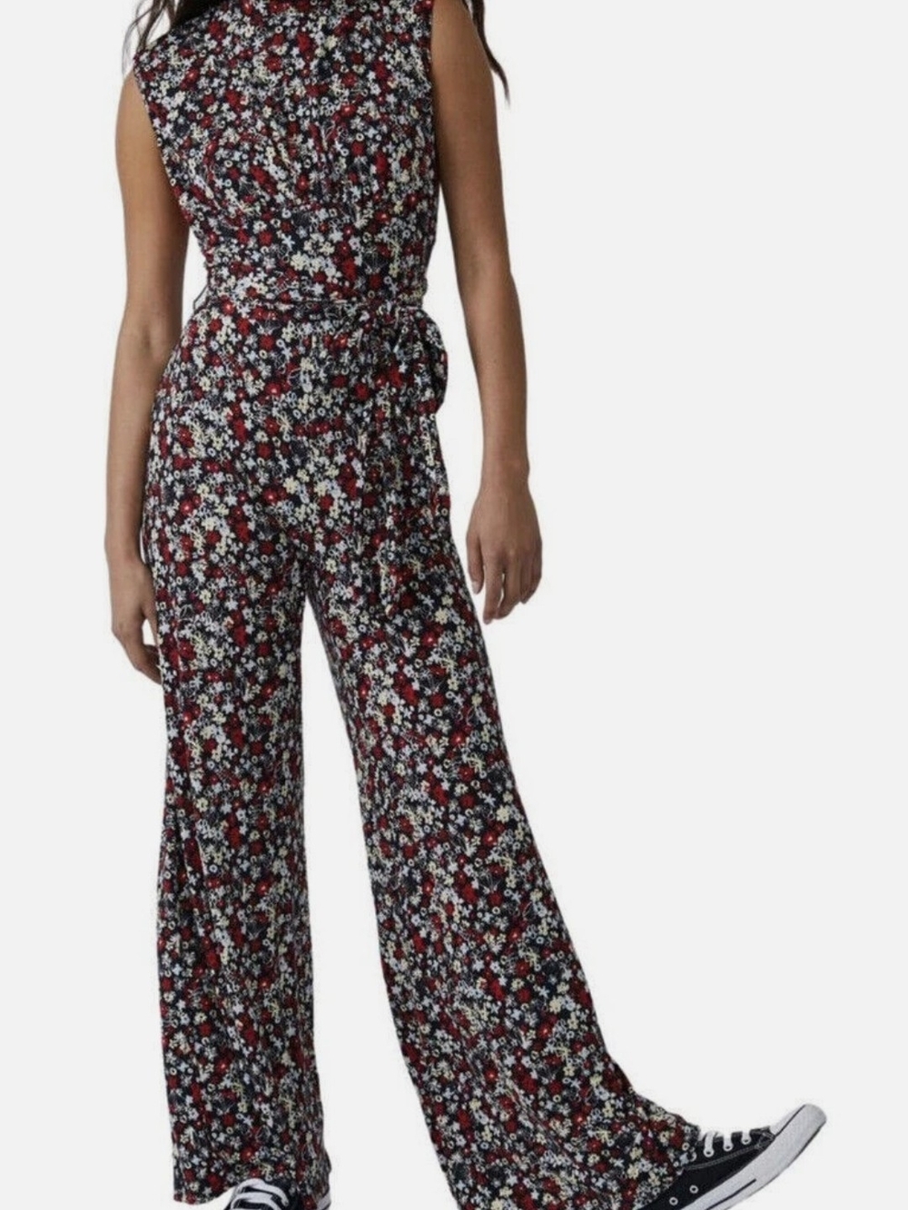 Free People Vibe Check Tie Waist Floral Jumpsuit Black Ditsy Shell